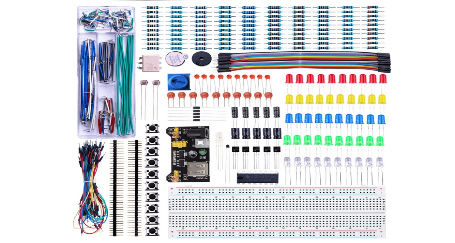 Basic Electronics Components Kit with breadboard, capacitor, resistor, led, switch etc.